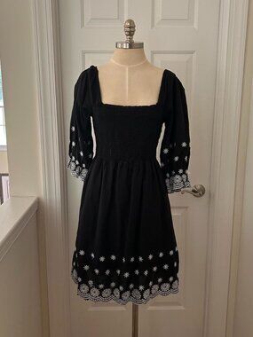 Kings Road black dress with white embroidered flowers size medium